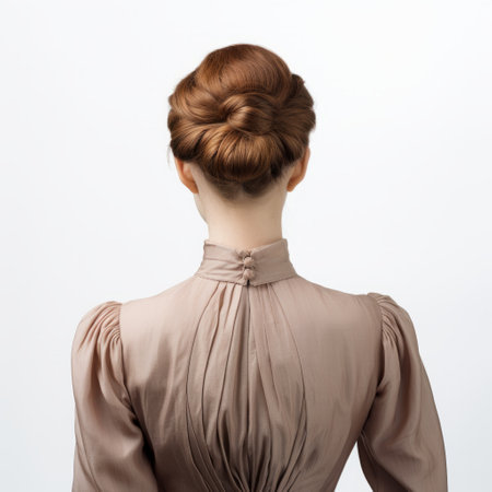 a woman with blonde hair is seen wearing a bun at the back of her head. the photo showcases a muted colorscape mastery with a traditional technique, evoking a sense of historical romanticism. the image is captured using back button focus, highlighting the dark bronze tones and elegant compositions against a white background. ai generatedの素材