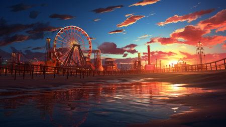 sunset scene featuring a realistic and hyper-detailed rendering of a ferris wheel ride. the image is inspired by anime and showcases en plein air beach scenes. this captivatingly atmospheric cityscape is depicted in a cartoony style, creating a stunning uhd image that is truly beautiful. ai generatedの素材