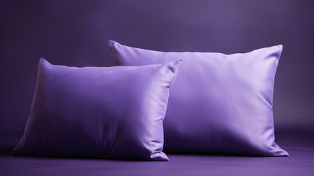 two silk purple velvet satin pillows are showcased in this photograph. the pillows are isolated on a grey background, capturing the essence of post-internet aesthetics. the image features ultraviolet photography, highlighting the vibrant colors. these comfycore pillows exude a contemporary candy-coated vibe, with their softly luminous appearance. the elongated and dramatic shape of the pillows adds a touch of elegance. the image is presented inの素材