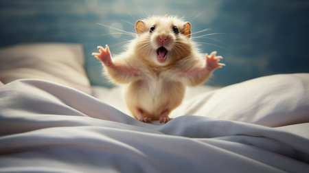 a hamster, captured in backlit photography, sits up in bed with its mouth wide open. the energetic frenzy of its intuitive dance-like gestures is depicted with graceful movement. this smilecore image showcases the adorable and lively nature of animals. ai generatedの素材
