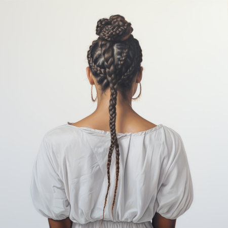 a young stylish african woman with braids in the back, showcasing the shwedoff style. the photo captures her in high resolution (8k) with a light white and dark gray color palette. the image reflects a blend of traditional vietnamese influences, reminiscent of antony gormley's attention to detail, and the artistic touch of sarah purser. ai generatedの素材