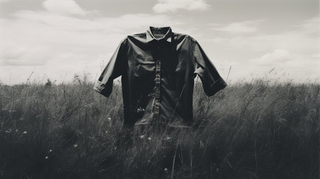 an old coat lies abandoned in the grass, captured in a black and white photograph reminiscent of the artistic styles of kerry james marshall, gabriel isak, and wes benscoter. this primitivist realism image showcases mechanical realism and naturalistic renditions, with stains and washes adding depth and texture to the composition. ai generatedの素材