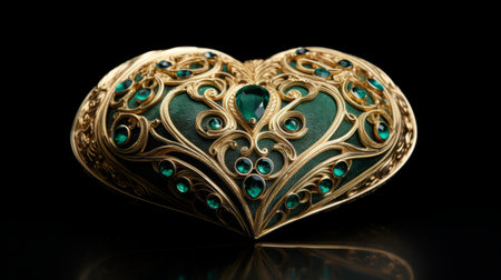 the emerald-embellished gold and diamond heart ring showcases intricate compositions in the style of emerald and bronze. rendered in cinema4d with exquisite detail, this cloisonnism-inspired piece features a dark emerald hue contrasting with a light beige tone. the high-resolution image measures 3840x2160, capturing every intricate detail of this stunning ring. ai generatedの素材