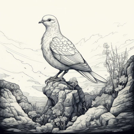a dove perches on rocks amidst a backdrop of grass and rocks. this hyper-detailed illustration showcases elements of phoenician art, scientific illustrations, and detailed character design. the trace monotone style adds depth to the highly detailed environment, while the inclusion of skeuomorphic elements enhances the overall visual appeal. ai generatedの素材
