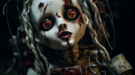 a skeleton doll with red eyes, inspired by the tokina at-x 11-16mm f28 pro dx ii lens, showcases industrial and technological subjects. this dreamscape portraiture piece features steampunk-inspired designs, with a mix of dark white and amber tones. the close-up shot captures the surrealistic narratives within the intricate details of the doll. ai generatedの素材