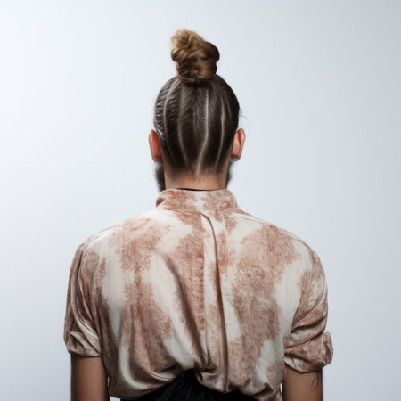 a woman fashion model showcasing a trendy hairstyle with a bun, styled in muted earth tones and inspired by shibori patterns. the photo features a back button focus technique, with a clean white background, creating a genderless aesthetic. the intricate patterns in the style of miroslav tich add a unique touch to the overall look. ai generatedの素材