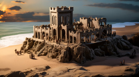 a 3d render of a castle on a rocky beach, resembling the voigtlander heliar 15mm f45 style. the composition is detailed and narrative, with a dark beige and azure color palette reminiscent of caravaggio. the steinheil quinon 55mm f19 lens adds depth to the dynamic and action-packed scenes, showcasing eroded interiors. ai generatedの素材