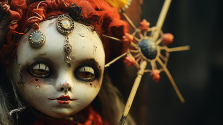 a close-up shot of a handmade doll art in the style of matthias jung, featuring masks and totems. this rag doll art, inspired by richard schmid, showcases a carnivalesque theme with a color palette of dark silver and light crimson. this photo is available under the creative commons attribution license. ai generatedの素材