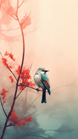a bird perched on a tree branch, depicted in a digital painting style with light cyan and red hues. the soft and dreamy tones create a serene atmosphere, complemented by hints of gray and blue. the artwork showcases the beauty of nature with flower motifs and minimalist backgrounds. ai generatedの素材