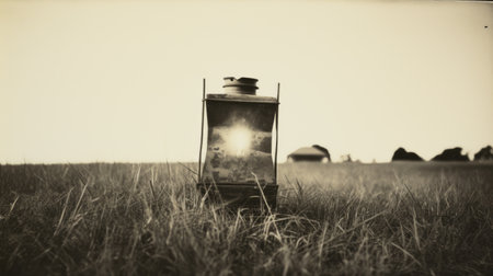 a glowing light illuminates the grass near a barn, creating a captivating scene reminiscent of tintype photography. this vintage-inspired still life, with its post-cubist pioneer influences, captures the essence of prairiecore aesthetics. the atmospheric etchings and plein-air paintings come to life through the selective focus, adding depth and intrigue to the image. ai generatedの素材