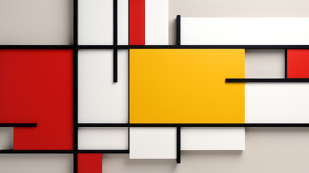 abstract painting with red, yellow, and blue squares on the wall. the three-dimensional puzzle-like design showcases minimalist black and white elements, inspired by the bauhaus movement. this modular sculpture features layered lines, rendered in cinema4d, creating a captivating blend of yellow and red hues. ai generatedの素材