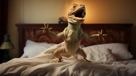 green dinosaur jumping on bed in the style of tokina at-x 11-16mm f/2.8 pro dx ii lens. sacha goldberger's hyperreal photography captures the intense expressions of the dinosaur. the light beige and pink backdrop adds a touch of whimsy to the scene. caras ionut's expert use of backlighting enhances the overall composition. ai generatedの素材
