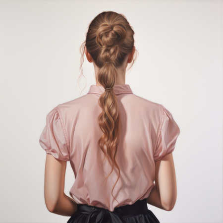 young teenage girl with a ponytail and black skirt, captured in the style of a photorealist painter. the photo showcases a combination of light pink and bronze tones, highlighting the realist detail of the subject. the girl's wavy hair and elegant simplicity add to the overall aesthetic, reminiscent of the salon kei style. the image is characterized by hyperrealistic details. ai generatedの素材