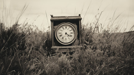 clock in tall grass: this photo captures a vintage clock nestled amidst tall grass, accompanied by an old cigarette. the image showcases a trace monotone style, with distressed and weathered surfaces. inspired by the aesthetic movement and camera obscura, it portrays inclement weather and exacting precision. shot with a rollei prego 90, this composition exudes a unique charm. ai generatedの素材