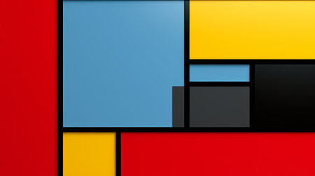 a square painting in the style of de stijl influence, rendered in cinema4d, featuring vibrant red, blue, and yellow colors. this digitally enhanced artwork showcases multi-layered compositions and fragmented icons, embodying a zen minimalism aesthetic. with a resolution of 3840x2160, it captivates viewers with its bold and visually striking design. ai generatedの素材
