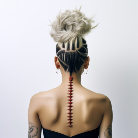 a woman in a neurocore-inspired outfit, donning a long top adorned with pins and strips, complements her look with a hat. the design features skeletal and jagged edges, reminiscent of tattoo-inspired art. the image captures the raw versus finished aesthetic, with a focus on joints and connections. the color palette includes dark white and light red tones. ai generatedの素材