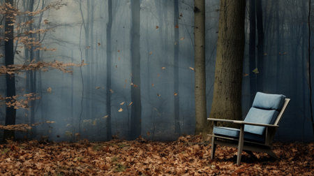 a chair sits amidst the misty autumn forest, its dark beige and sky-blue colors blending seamlessly with the surroundings. this captivating image, digitally manipulated and captured in stunning 8k resolution, showcases the artistic vision of kerem beyit. the detailed background elements, combined with the use of the carl zeiss distagon t 15mm f/2.8 ze lens, create a mesmerizing composition. hans haacke's influence is evident inの素材