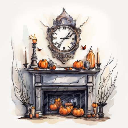 handmade halloween fire place featuring pumpkins, candles, and a clock. the design is inspired by the style of ink wash painters and necronomicon illustrations. the use of color is strong, with a combination of light gray and bronze. the watercolors used are vibrant and colorful, creating an ornate interior reminiscent of architectural illustrations. ai generatedの素材