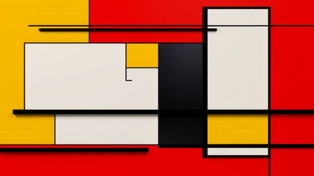 a vibrant abstract composition featuring red and yellow hues, with white squares and bold black lines. inspired by the functional design of bauhaus, this artwork combines elements of mass-produced objects and photorealistic compositions. the image is in high resolution, measuring 3840x2160 pixels, and incorporates layered images reminiscent of the memphis design movement. ai generatedの素材