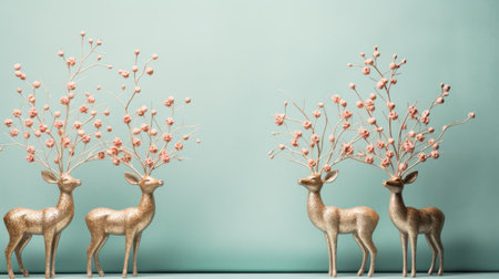 three gold deer figurines stand in a row amidst a bunch of pink flowers, set against a minimalist background in a light turquoise hue. this classic still-life composition features twisted branches, captured in a high-quality photo by duy huynh. the image is available in ultra-high definition (uhd). ai generatedの素材