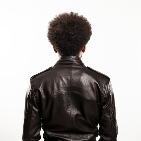 a man wearing a black leather jacket and sporting an afro hairstyle stands against a white background in this stock photo (11699). the image captures the essence of afrofuturism with its blink-and-you-miss-it detail and unpolished authenticity. the back button focus and frontal perspective add to the genderless and crisp look of the photo. ai generatedの素材