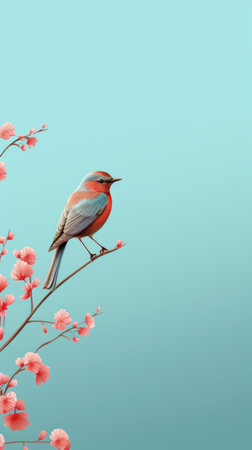 a red-haired bird perches on a cherry flower branch in a realistic style, featuring detailed rendering and minimalist backgrounds. the artwork showcases light turquoise and pink hues reminiscent of the tang dynasty. accurate bird specimens and intricate backgrounds add to the realistic usage of light and color. ai generatedの素材