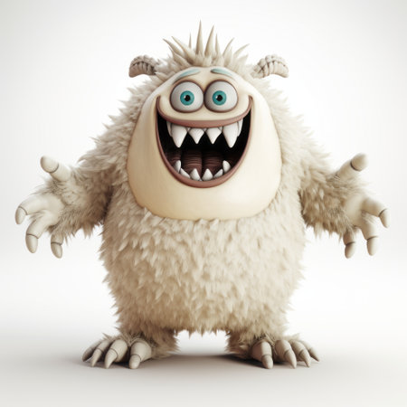 a frozen cartoon monster, resembling a manticore, is depicted in this realistic rendering. the monster is wearing black with red eyes, and its playful expressions are captured beautifully through the lensbaby composer pro ii with edge 50 optic. the monochromatic color scheme of light beige and white adds to the overall aesthetic of this interactive media artwork. ai generatedの素材