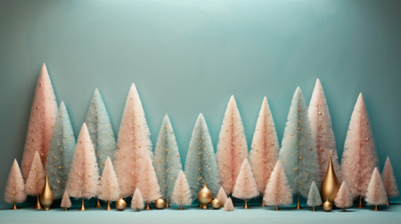 a large row of christmas trees adorned with blue ornaments stands against a vibrant blue background. the photo showcases a high-quality image with a color scheme of light aquamarine and pink. the textured backgrounds in dark beige and gold, as well as light pink and light aquamarine, add depth to the composition. the photo is hyper-detailed, featuring a combination of light aquamarine and white elements.の素材