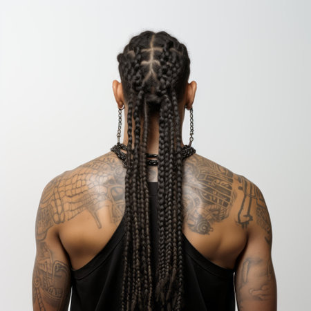 a man with braided hair is depicted in this photo, showcasing a tattoo on his back. the image captures the essence of hip hop aesthetics, with symmetrical compositions and softbox lighting. the influence of artists like esaias van de velde, siya oum, and the nabis movement can be seen in the symmetrical arrangement and artistic style of the photograph. ai generatedの素材