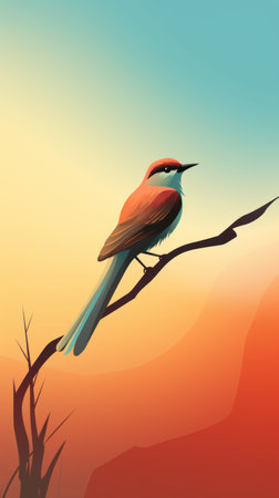 a bird perched on a branch during a vibrant sunset, showcasing a detailed character design. the illustration features a combination of red and cyan tones, creating a hyper-realistic portrayal of the animal. the artwork is characterized by simple yet colorful illustrations, with sparse backgrounds that allow the bird to stand out. the brushwork is free-flowing, adding a touch of light emerald and red to theの素材