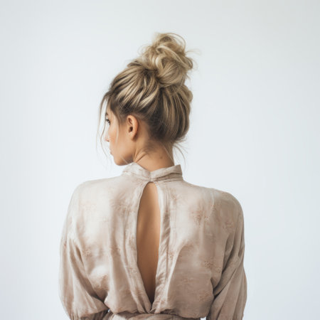a woman is seen wearing a beige blouse with an open back, showcasing the poetcore style. the feminine beauty of the outfit is captured in this 32k uhd photograph, taken using schlieren photography techniques. the messy yet stylish look adds to the overall appeal, while elements of salon kei and cabincore aesthetics can be observed. ai generatedの素材