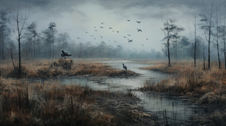 empty river with birds and water lilies painting in the style of moody tonalism. this post-apocalyptic landscape showcases detailed hunting scenes, featuring black and gray tones. the digitally enhanced artwork also includes life-like avian illustrations. ai generatedの素材