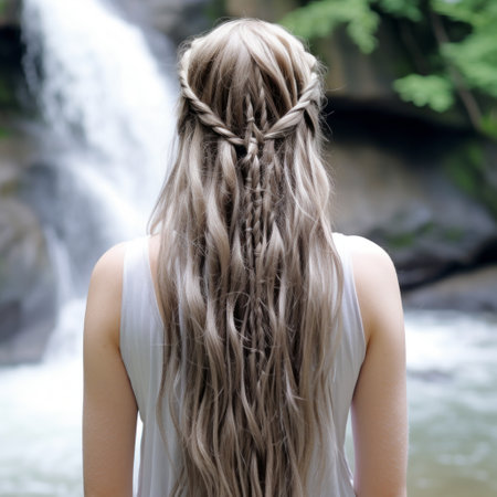 woman with long blonde hair standing behind a waterfall, surrounded by ethereal trees. her hair is styled in a colorful, long celtic knotwork pattern. the photo, in dark white and light gray tones, has a simple and elegant style. this 32k uhd image captures the essence of sumatraism and cottagecore aesthetics. ai generatedの素材