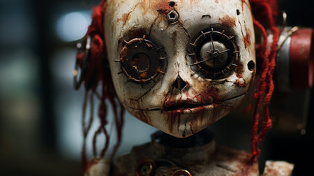a ghost doll with a big face and reddened eyes, captured in a post-apocalyptic style. this intense close-up shot showcases the mechanical realism and tilt shift effect, highlighting the filthy sculptures and undefined anatomy. shot with a canon eos 5d mark iv. ai generatedの素材