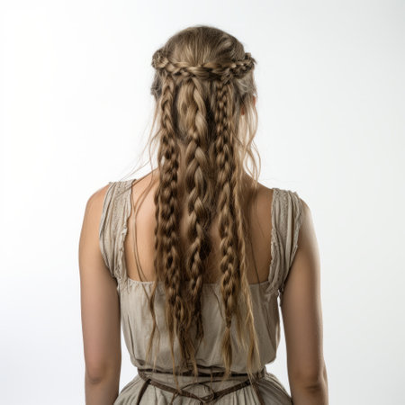 a female with long wavy hair in the back and trolls in braids from the side is captured in this 32k uhd photo. the style of the image is reminiscent of a historical drama, with a light brown and white color palette. the photo showcases a medieval-inspired look, with a refined technique and symmetrical composition, evoking a sense of poetcore aesthetics. ai generatedの素材