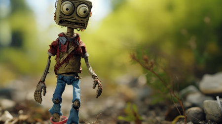 an animated toy character, dressed in overalls, stands by a river in a decayed and robotic style. this unique photo captures the essence of robotics kids, flickr, carpetpunk, bokeh, indian pop culture, and zombiecore. ai generatedの素材