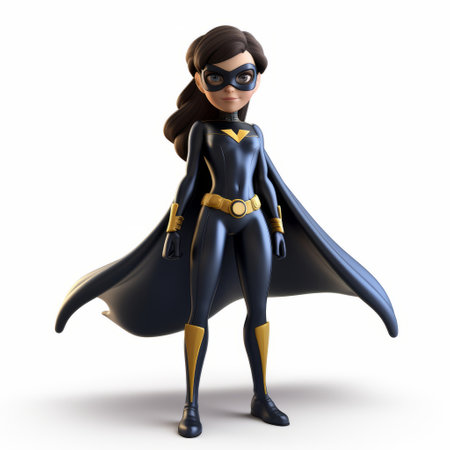 a 3d image of a youthful female batgirl, designed in a simplistic cartoon style. the character is depicted in dark navy and light bronze colors, showcasing an avian-themed costume. the image showcases exquisite craftsmanship and dynamic storytelling, capturing the cartoonish innocence of the protagonist. ai generatedの素材