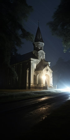 a car drives down a misty road at night, resembling a religious building in the style of dutch landscapes. this photo showcases the unreal engine's photo-realistic hyperbole, with an ethereal confessional atmosphere. the use of rtx technology enhances the visual experience, creating a captivating and immersive scene. ai generatedの素材