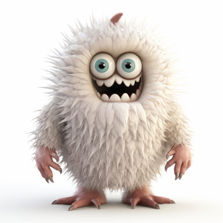 a 3d monster with big eyes, showcasing intricate attention to fur and feathers texture. the monster is depicted in a light white and white color scheme, reminiscent of the works of bill gekas, known for his cartoonish satire. this creation combines elements of robert munsch's whimsical style and the imaginative world of hayao miyazaki. ai generatedの素材