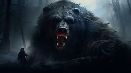 a bear encounters a woman in the darkness, captured in the style of cryengine. this mythical beast, reminiscent of aleksey savrasov's art, showcases characterful animal portraits. the 2d game art highlights explosive wildlife, while the bear's strong facial expression adds intensity to the scene. ai generatedの素材