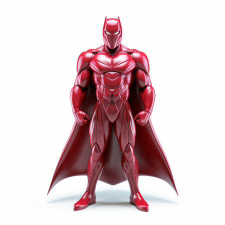 batman, the iconic superhero, is depicted in this image standing against a white background. the artwork showcases a unique style characterized by hyperrealistic compositions with a light red color scheme. the illustration is detailed and shiny, capturing the essence of batman's character. the image also incorporates elements of seapunk and suburban ennui, with hints of emerald adding depth to the overall composition. ai generatedの素材