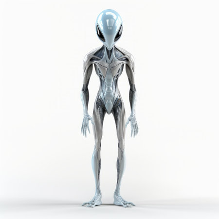 blue alien standing in front with a futuristic sleekness, depicted in light gray and white human anatomy style. the white background enhances the captivating essence of this image, reminiscent of mars ravelo's work. it beautifully captures a sense of suburban ennui, with a touch of dark silver. ai generatedの素材