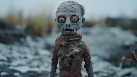 an unreal world zombie captured in a close-up shot by theater animation and videography studios. this photo, inspired by the style of tamron 24mm f28 di iii osd m12 lens, showcases adorable toy sculptures resembling characters from frostpunk. the composition draws inspiration from the works of theodor kittelsen and incorporates elements of neo-concrete art. a captivating creation by scarlett hooft graafland. ai generatedの素材