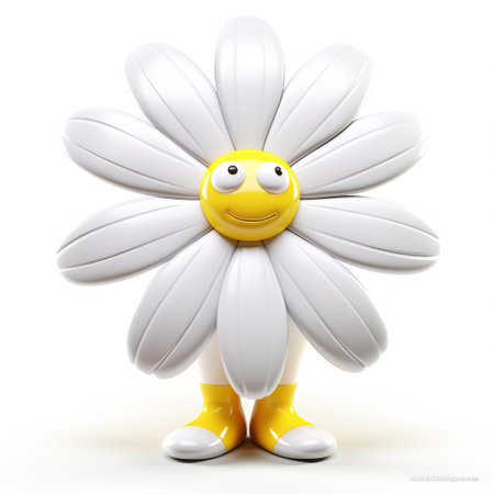 a large white daisy with yellow boots, depicted in a cartoonish character design style, created using cinema4d. the daisy features a shiny and glossy appearance, with monochromatic color schemes. it exudes a smilecore vibe through its fluid gestures. this captivating image can be found on flickr. ai generatedの素材