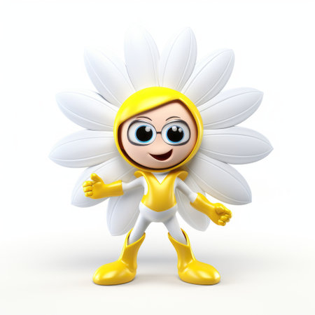 a character cartoon featuring a witty and clever flower character walking alongside a girl. the illustration is done in a light silver and yellow style, reminiscent of the 1970s flower power era. created using zbrush, this kidcore artwork exudes a playful charm with its white and gold color scheme. ai generatedの素材