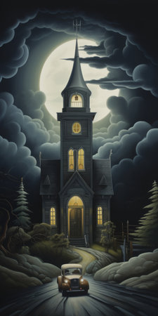 a large, gothic church is depicted in this painting, reminiscent of necronomicon illustrations. the artwork embraces the cabincore aesthetic with its low contrast and dark gray tones. meticulously detailed, it showcases charming character illustrations in a unique and captivating style, making it a standout piece of lowbrow art. ai generatedの素材
