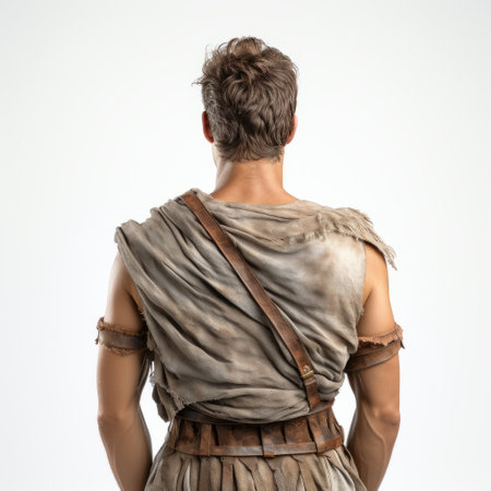 an old man in a roman costume with backwards hair poses in an adventure-themed style. the light brown and gray costume appears crumpled, adding to the authenticity. the photo captures homosexual themes with a focus on back button functionality. against a white background, intense and dramatic lighting enhances the overall impact. ai generatedの素材