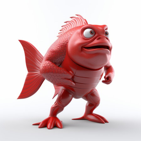 a 3d red fish model designed for digital animation, featuring a cartoonish character design with a touch of fantastic grotesque. the model showcases a trace monotone style, inspired by the konica big mini and li-core aesthetics. with a matte photo finish, this fish model stands out with its exaggerated caricature features. ai generatedの素材