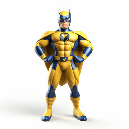 3d man wearing a yellow superhero suit with a blue belt, depicted in a realistic and hyper-detailed rendering style reminiscent of characteristic comic book art. this unique image showcases the distinct noses and charming characters often found in the magewave genre, which emerged during the 1000-1400 ce period. the vibrant colors and bombacore elements make this a visually captivating piece. ai generatedの素材