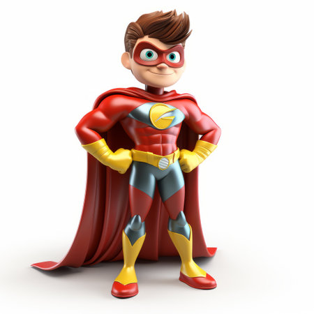 a cartoon superhero with meticulous detail and a shiny, glossy appearance is depicted on a white background. the style of the artwork resembles vray tracing, showcasing the youthful protagonists with a childlike wonder. the influence of les nabis can be seen in the vibrant colors and intricate design. the artwork may have been created using recycled materials. ai generatedの素材